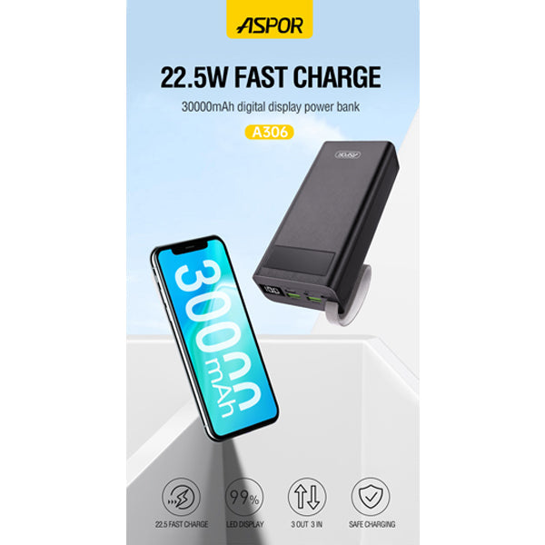 Aspor 30000mAh Power Bank LCD Display 22.5W and 20W PD - A306