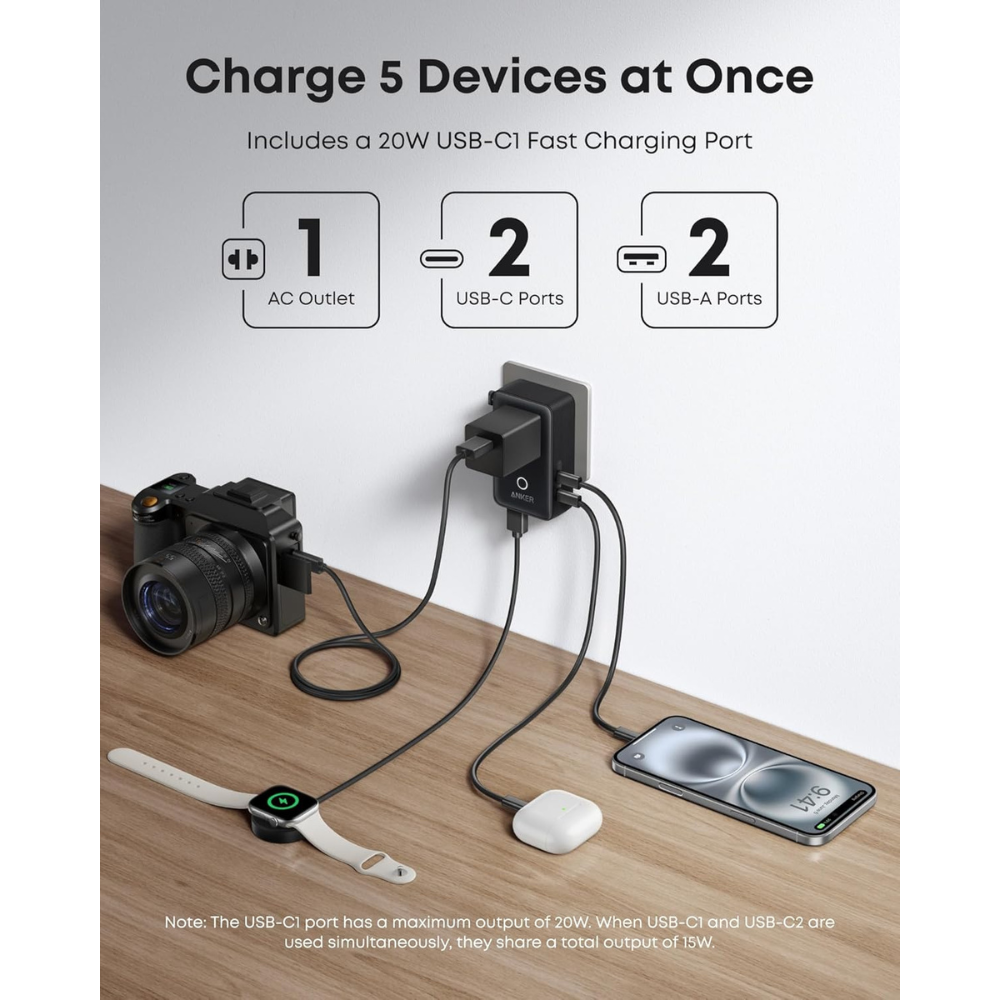 Anker Nano Travel Adapter (5-in-1, 20W, 1-Pack) - A9215