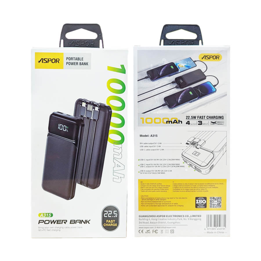 Aspor 10000mAh Power bank 22.5w Output - A315