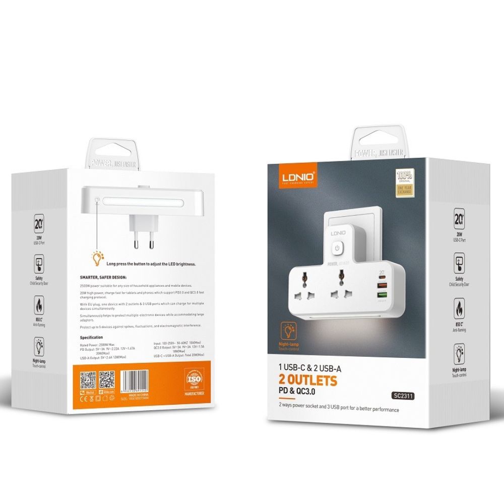 LDNIO 2 AC Outlets Portable Extension Power Socket - SC2311