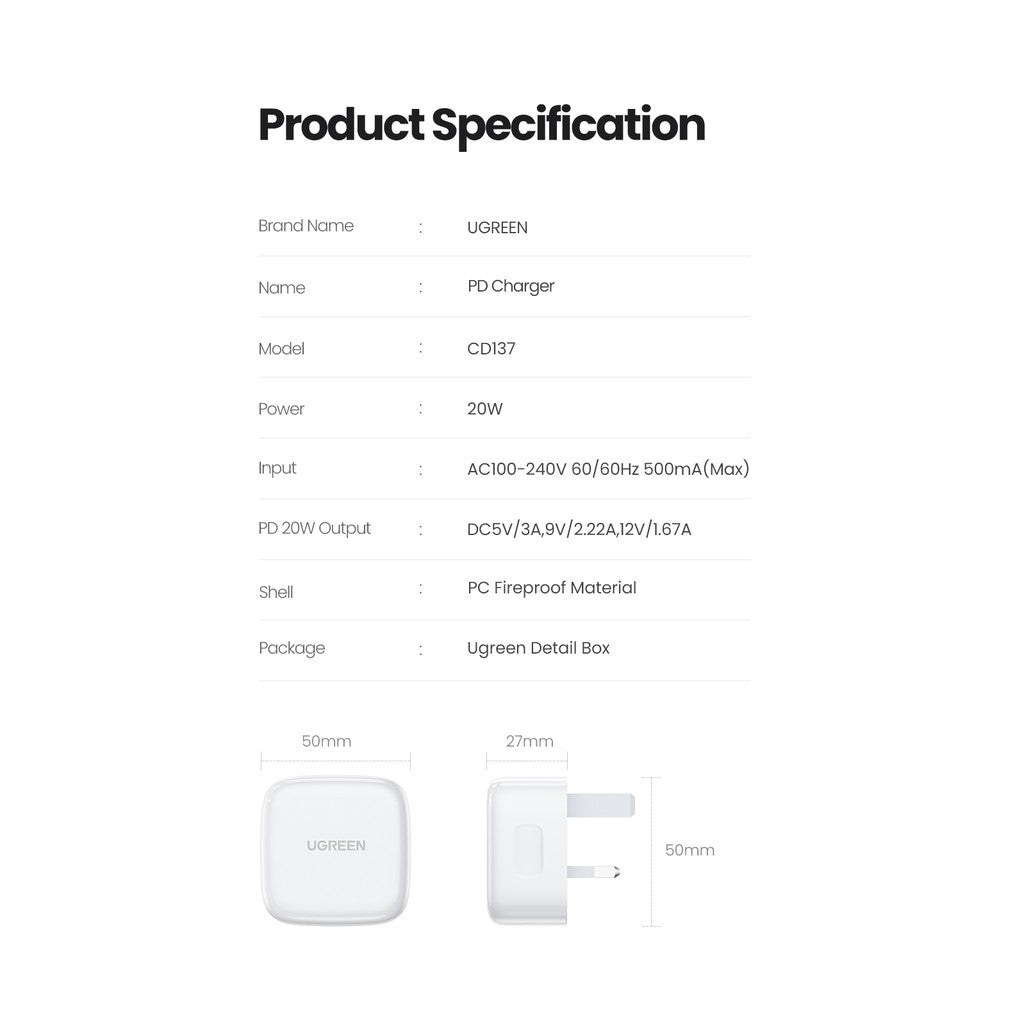 UGREEN 20W PD Fast Charger UK - 60451 (Adapter)