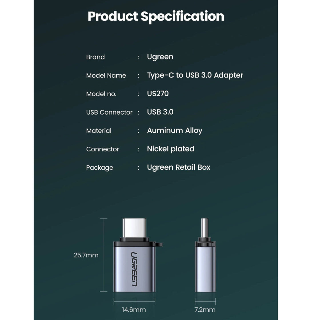 UGREEN Type C to USB 3.0 A Adapter Cable with Lanyard (Space Gray) 50283