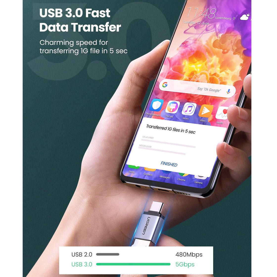 UGREEN Type C to USB 3.0 A Adapter Cable with Lanyard (Space Gray) 50283